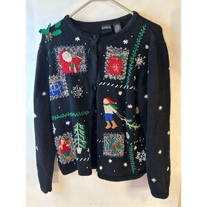Erika Christmas sweater small angels black red vintage cardigan Santa‎ Children